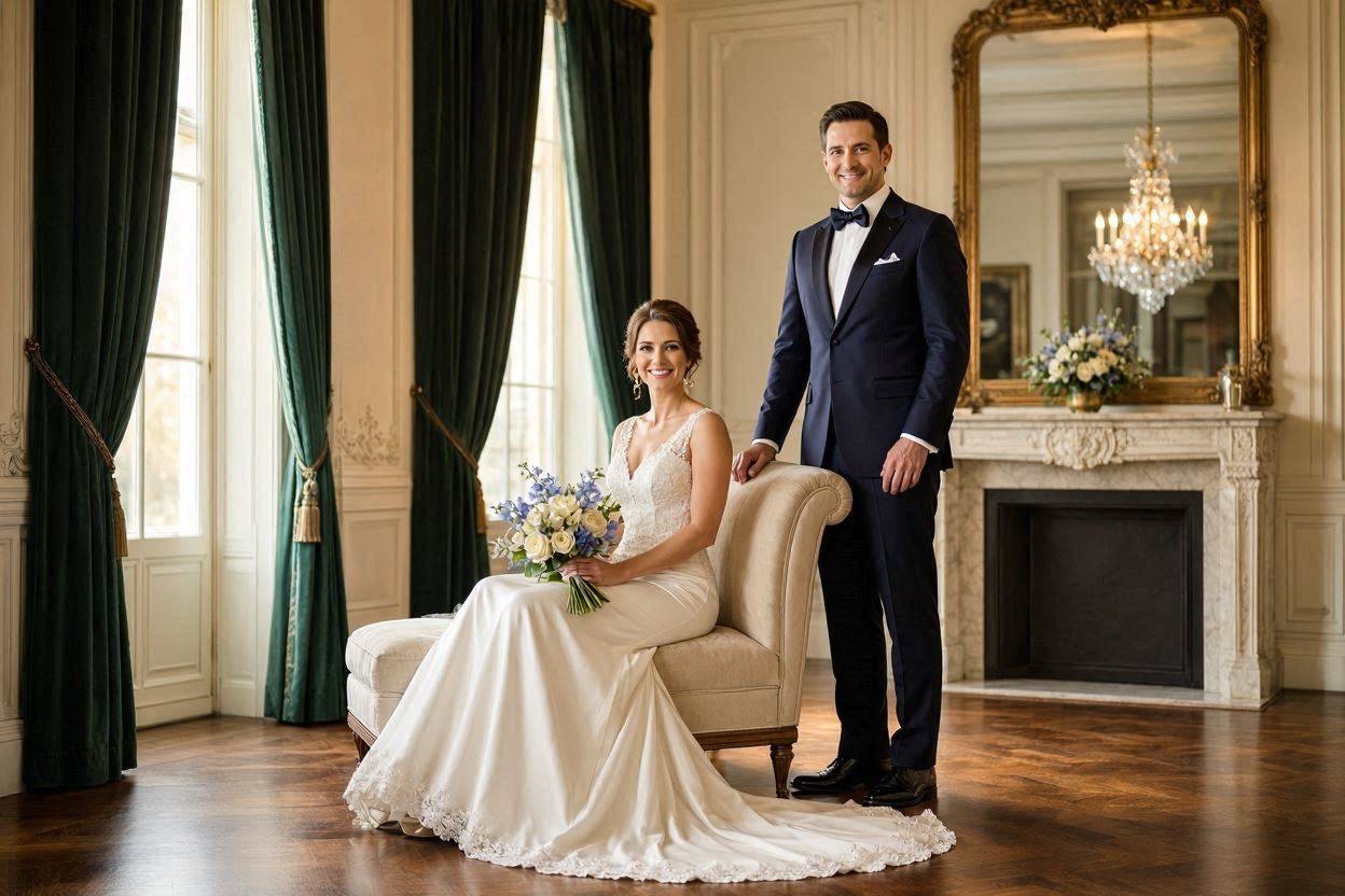 Elegancka fotografia ślubna pary młodej w wykwintnym wnętrzu