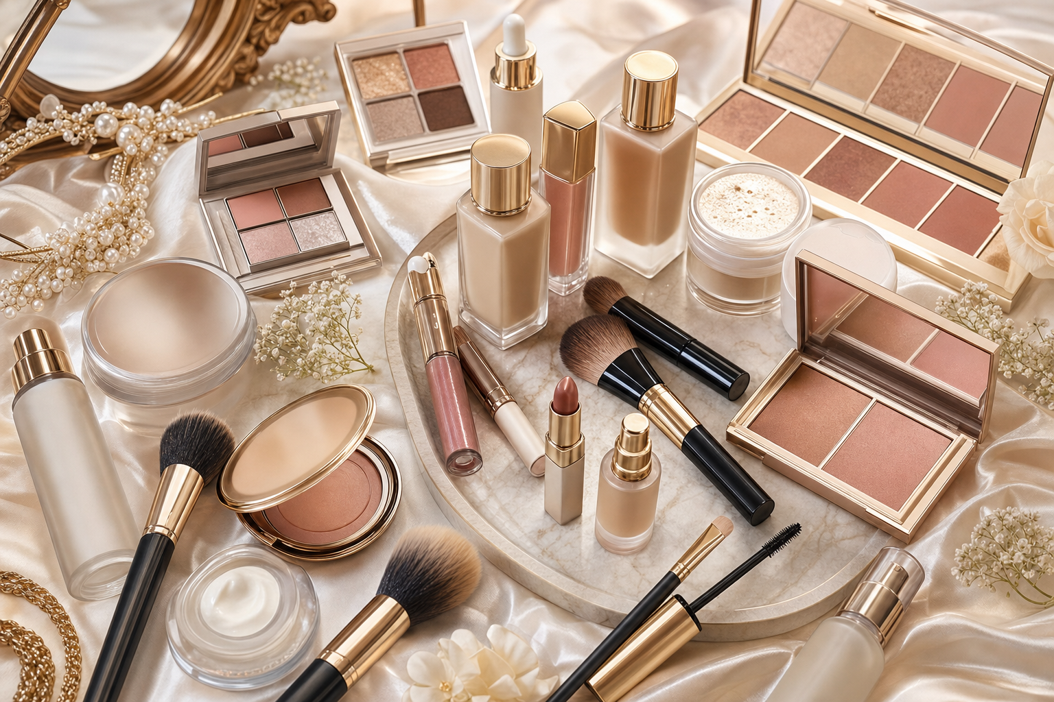 Magazynowy flat lay kosmetyków premium do makijażu ślubnego